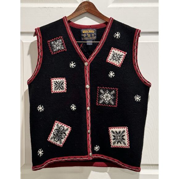 Woolrich Vest Large Black Red Wool Embroidered Winter Holiday Snowflakes Button - Picture 1 of 5